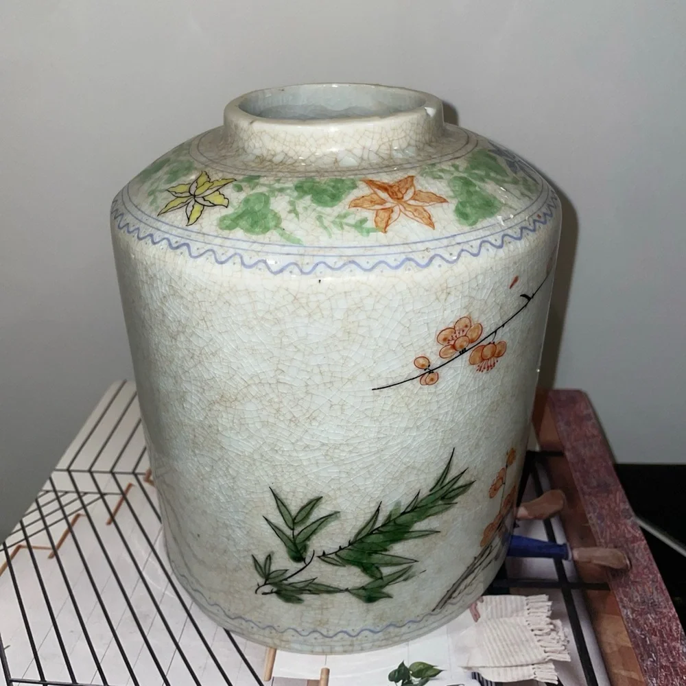 Antique 1880-1890s Japanese Japan Porcelain Ginger Jar Rose Blossoms Craquelure